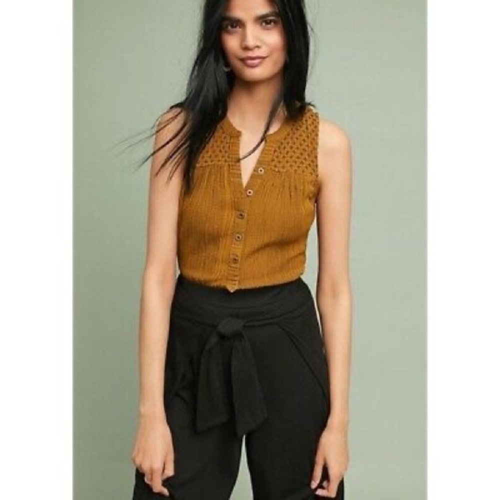 Akemi + Kin (Anthro) Sleeveless Patterned Boho Brown Blouse
